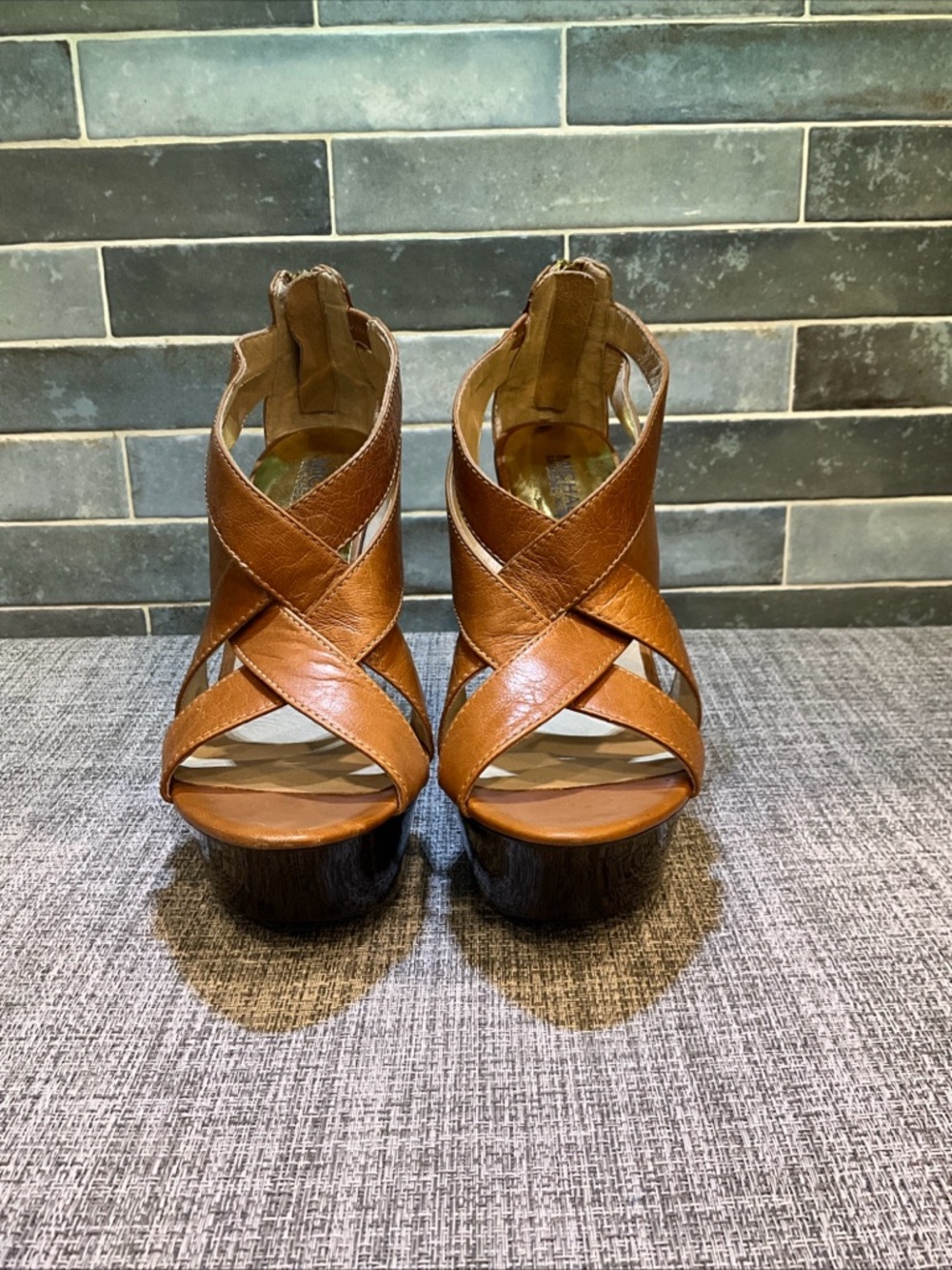 Michael Kors Tan Leather Crisscross Platform Heels